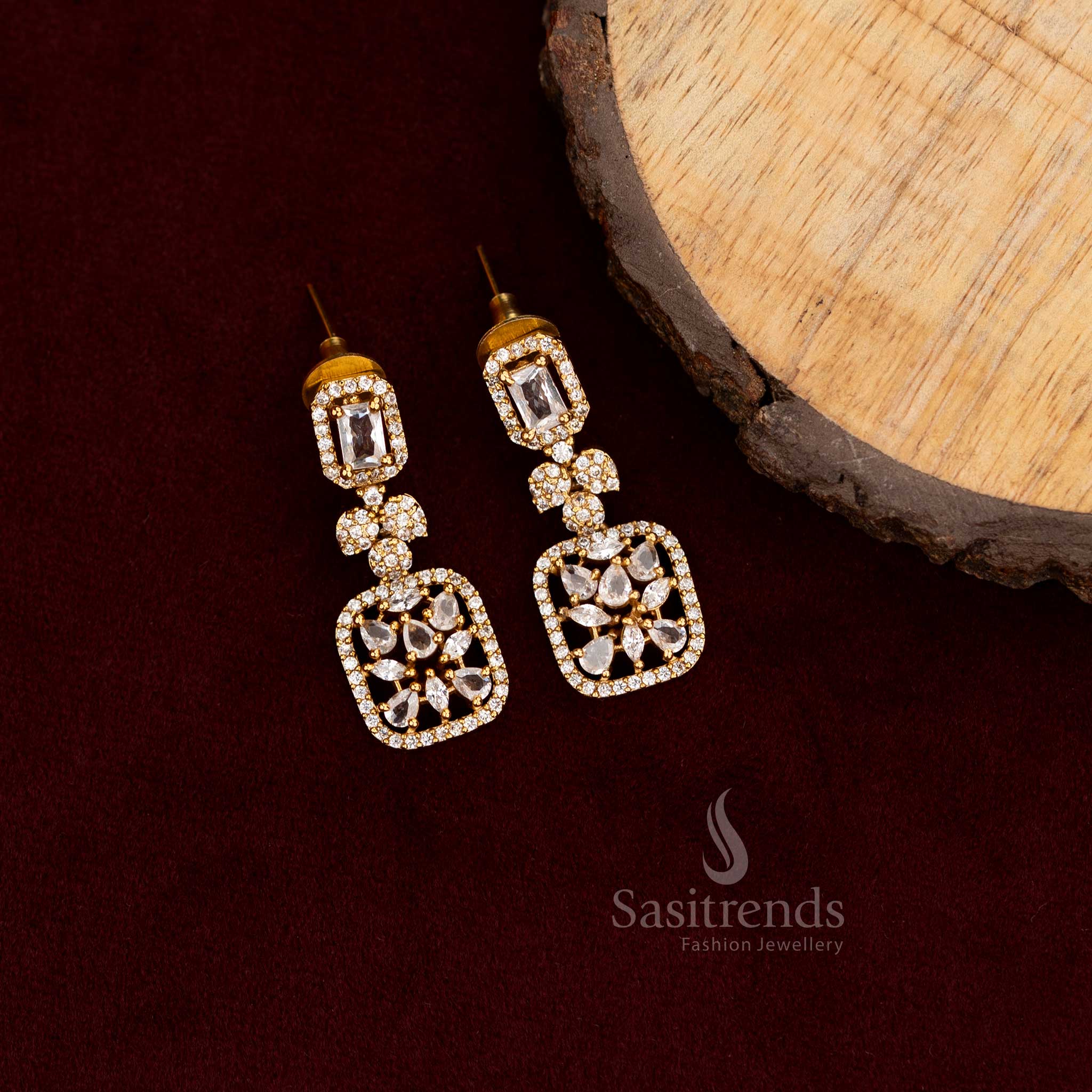 Graceful white American Diamond long drop earrings with luxurious multi-structured detailing, a perfect choice for women’s elegant party wear jewellery collections - Sasitrends
