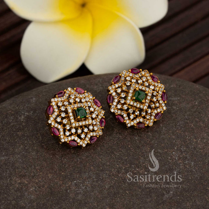 Traditional Stud Earrings with Central Square and AD Work 