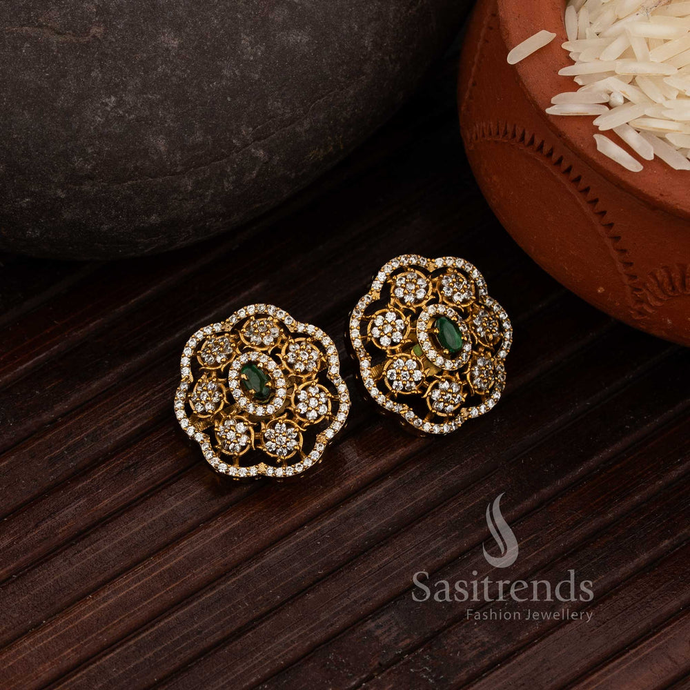 Traditional Mesh-Pattern Stud Earrings with Oval Accent - Sasitrends
