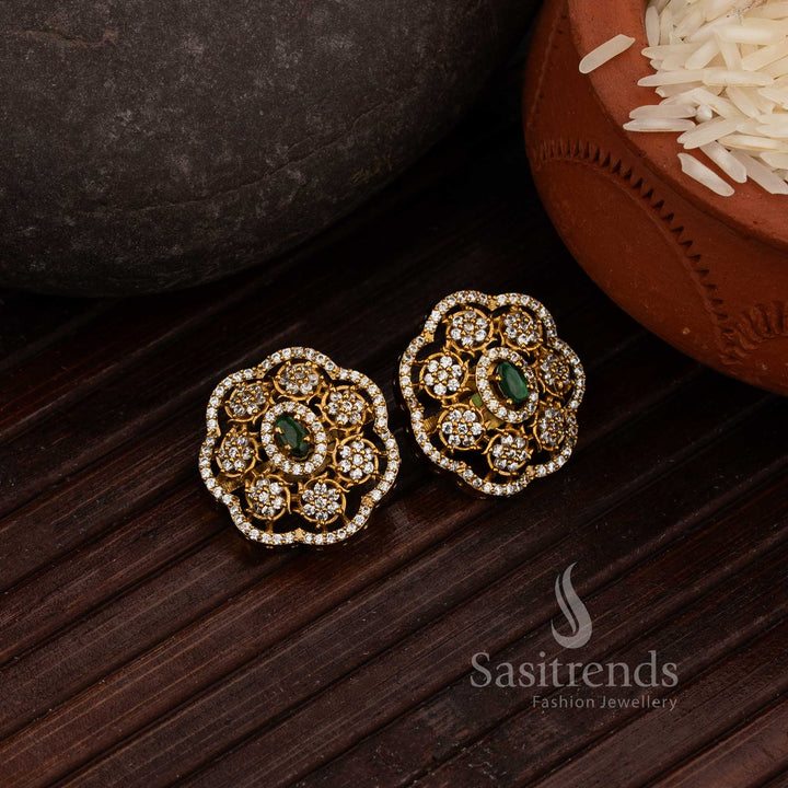Traditional Mesh-Pattern Stud Earrings with Oval Accent - Sasitrends