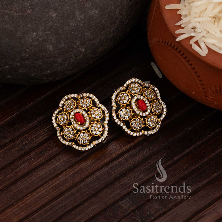 2081N American Diamond Earrings with Floral Mesh Design - Sasitrends