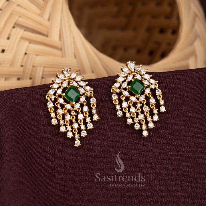 Stylish matte gold plated floral and geometric stud earrings adorned with Green  American diamonds finished with a cascading dangler design – Sasitrends