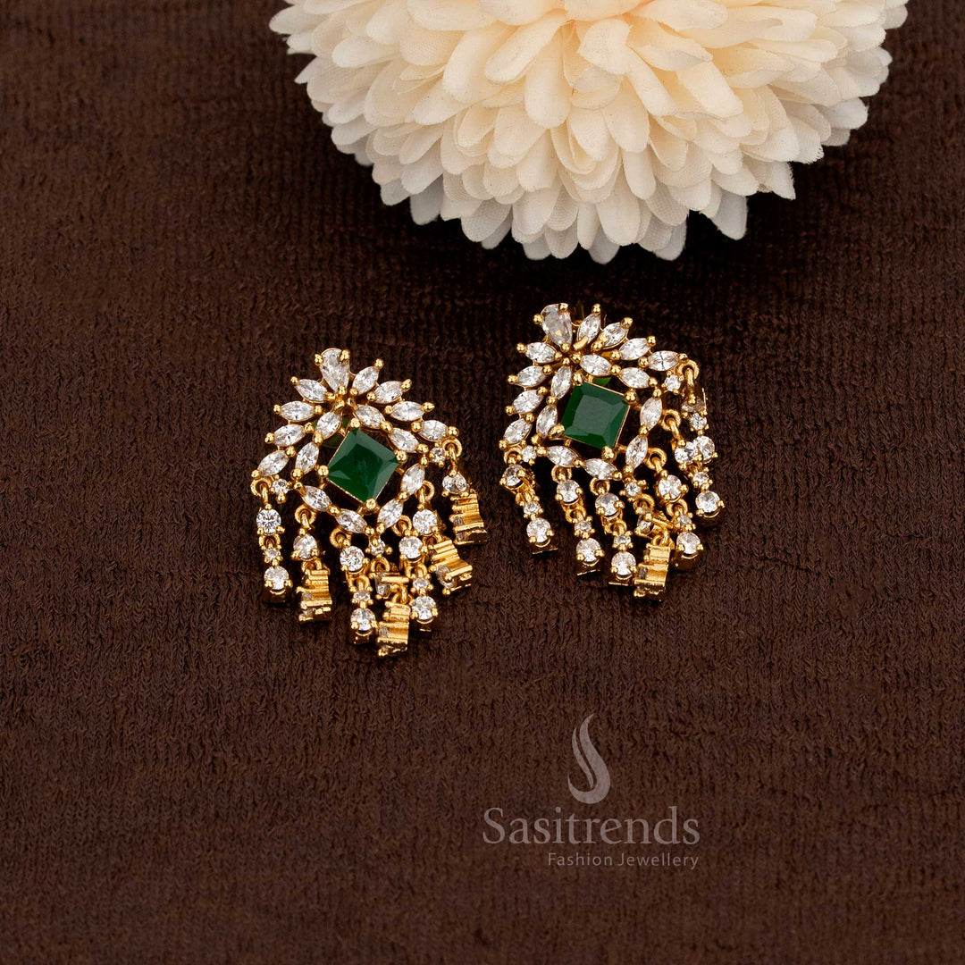Chic matte gold plated floral and geometric stud earrings embellished with white and green American diamonds featuring an elegant cascading dangler – Sasitrends