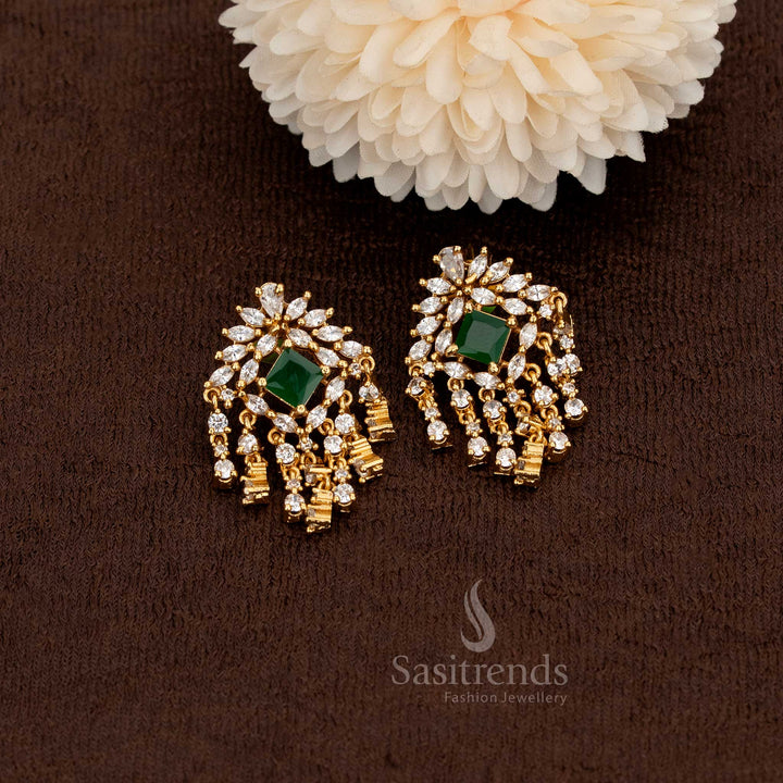 American Diamond Matte Gold Plated Floral & Geometric Stud Earrings with Cascading Dangler Design – Sasitrends
