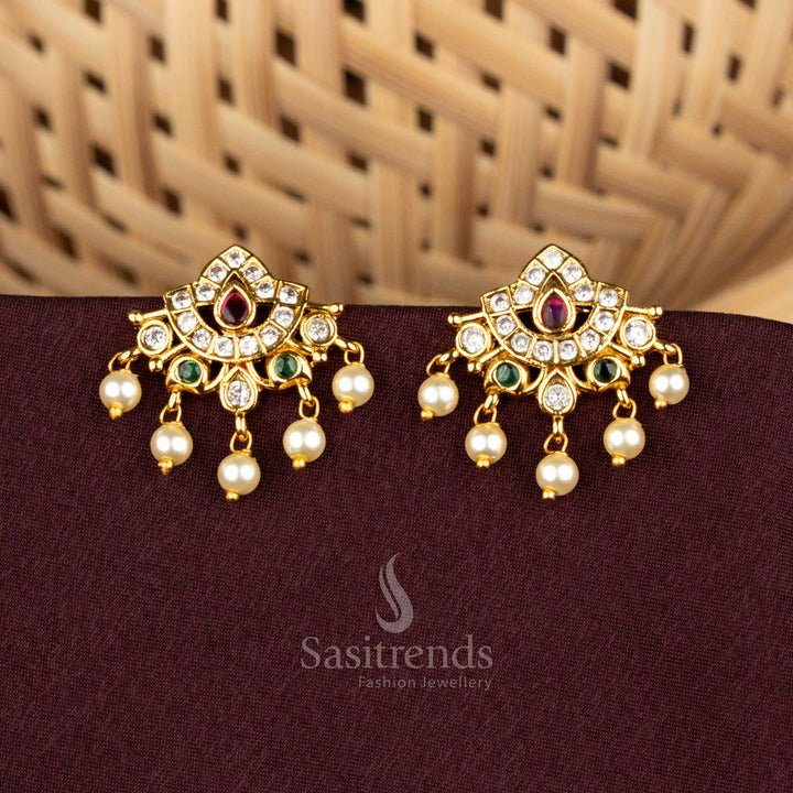 Majestic American Diamond Matte Gold Plated Crescent Teardrop Earrings for Weddings & Festive Wear