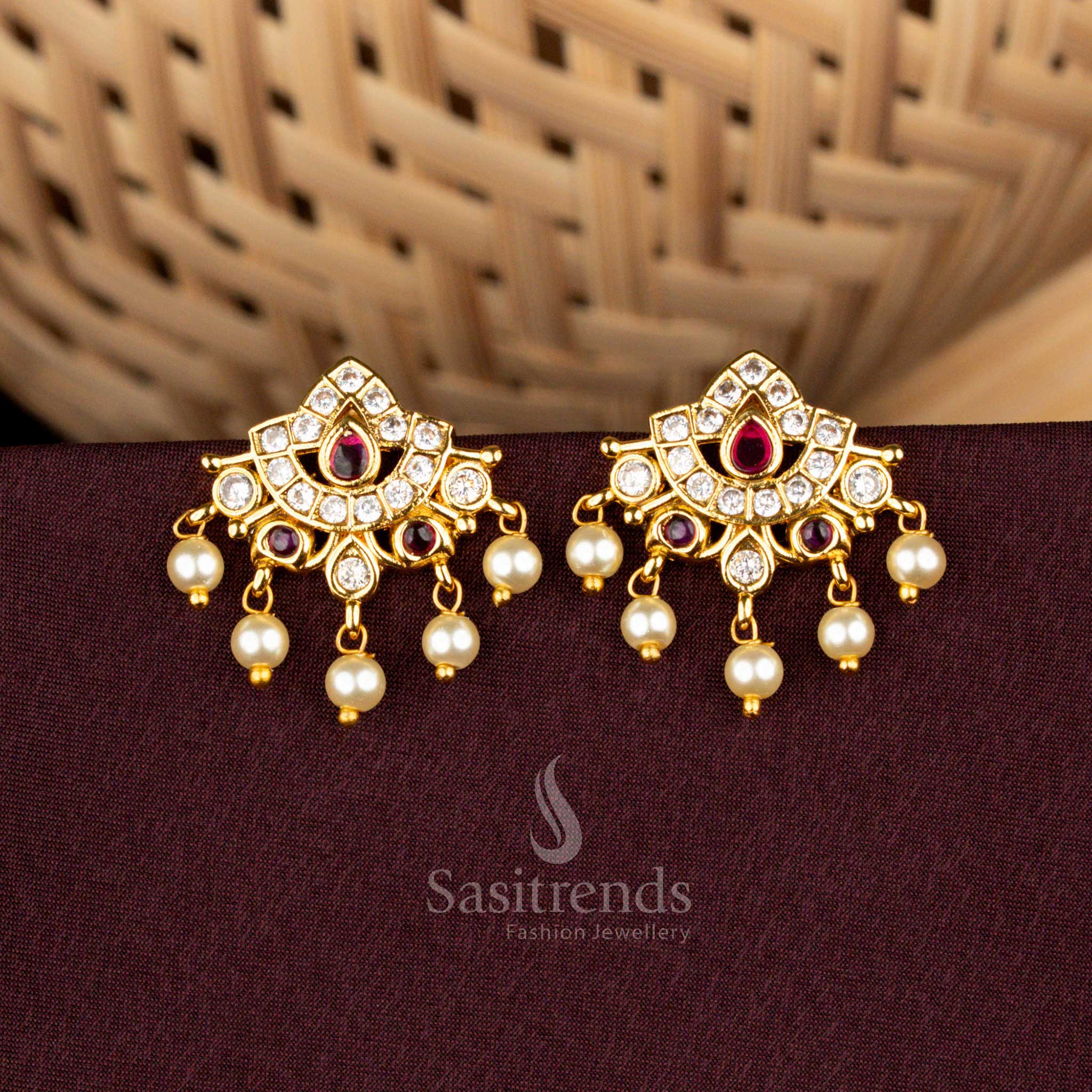 American Diamond Crescent Teardrop Earrings Matte Gold Plated Sasitrends