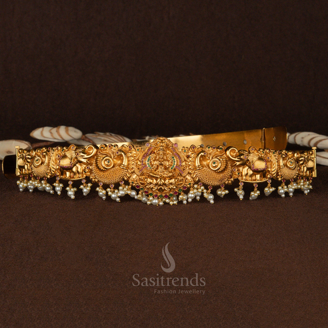Premium Temple Matte Gold Plated Lakshmi Hip Belt with Pearl Drops - Sasitrends