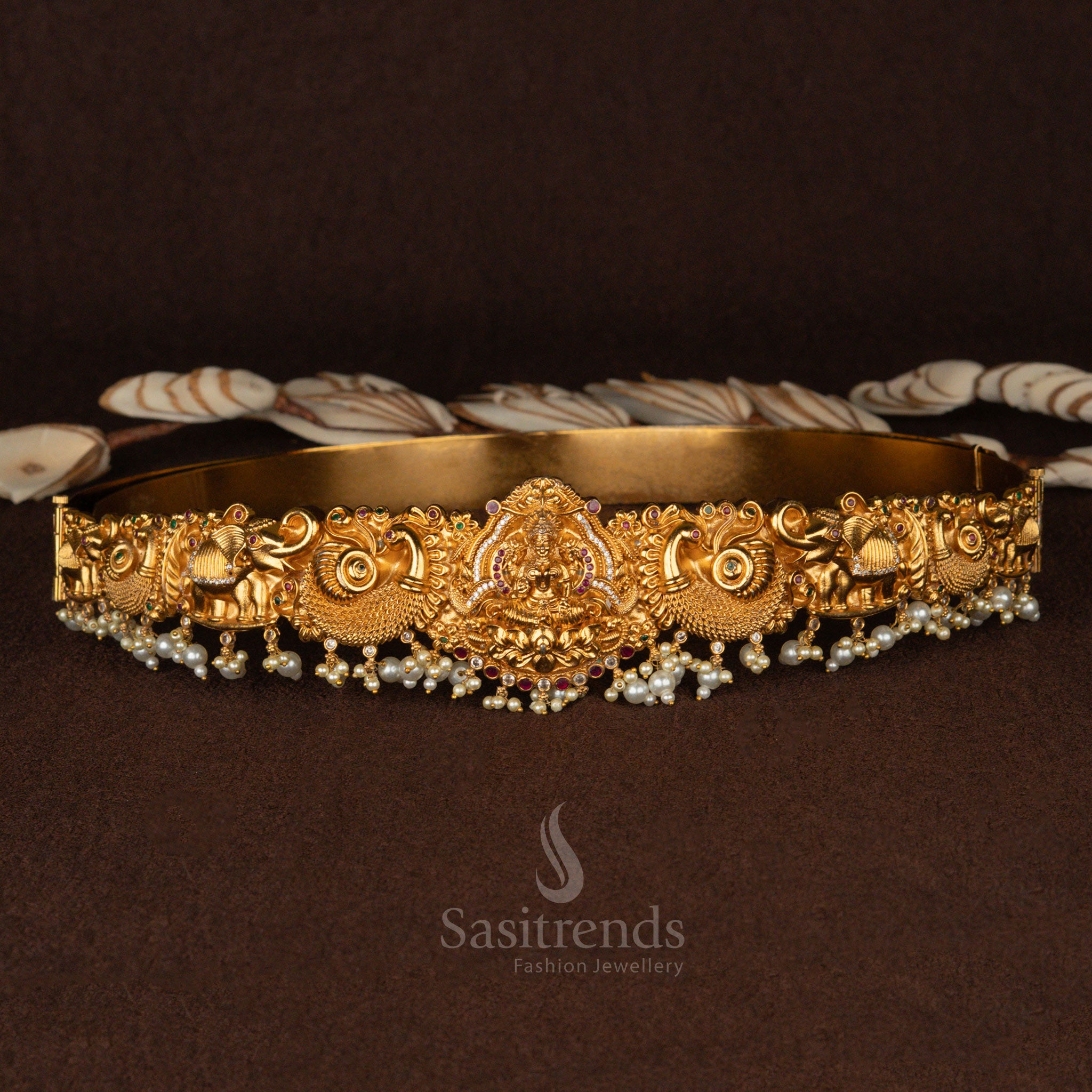 Premium Temple Matte Gold Plated Lakshmi Hip Belt with Pearl Drops - Sasitrends