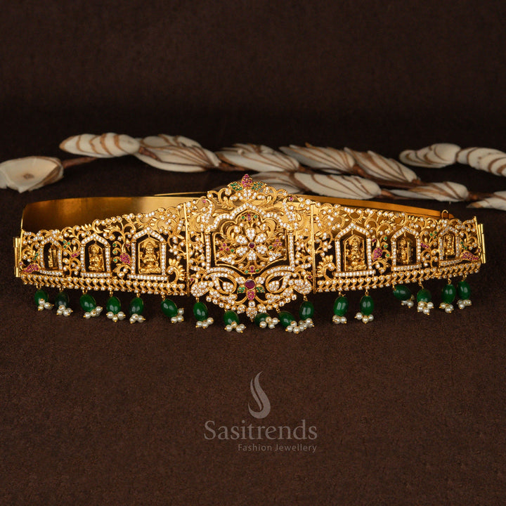 Premium Temple Matte Gold Plated Lakshmi Hip Belt with Green Agate Beads – Sasitrends
