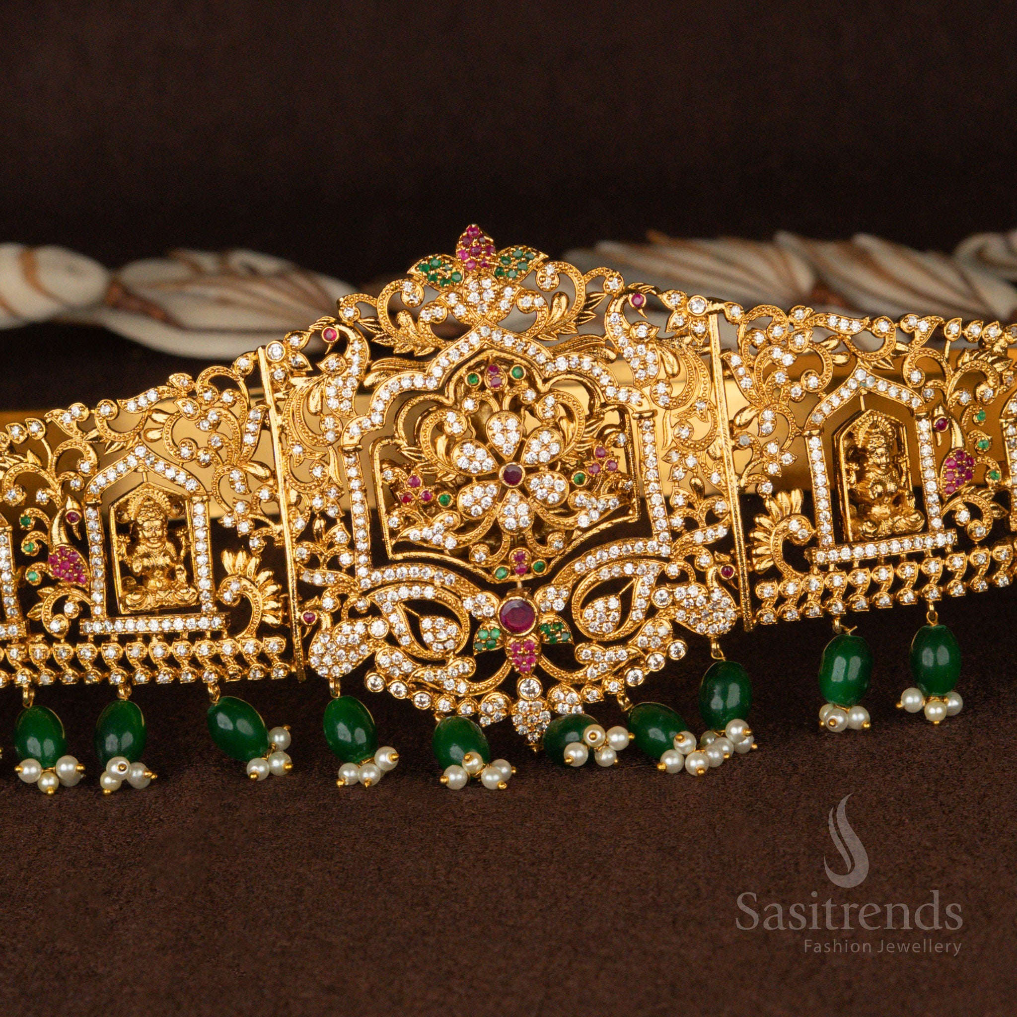 Premium Temple Matte Gold Plated Lakshmi Hip Belt with Green Agate Beads – Sasitrends