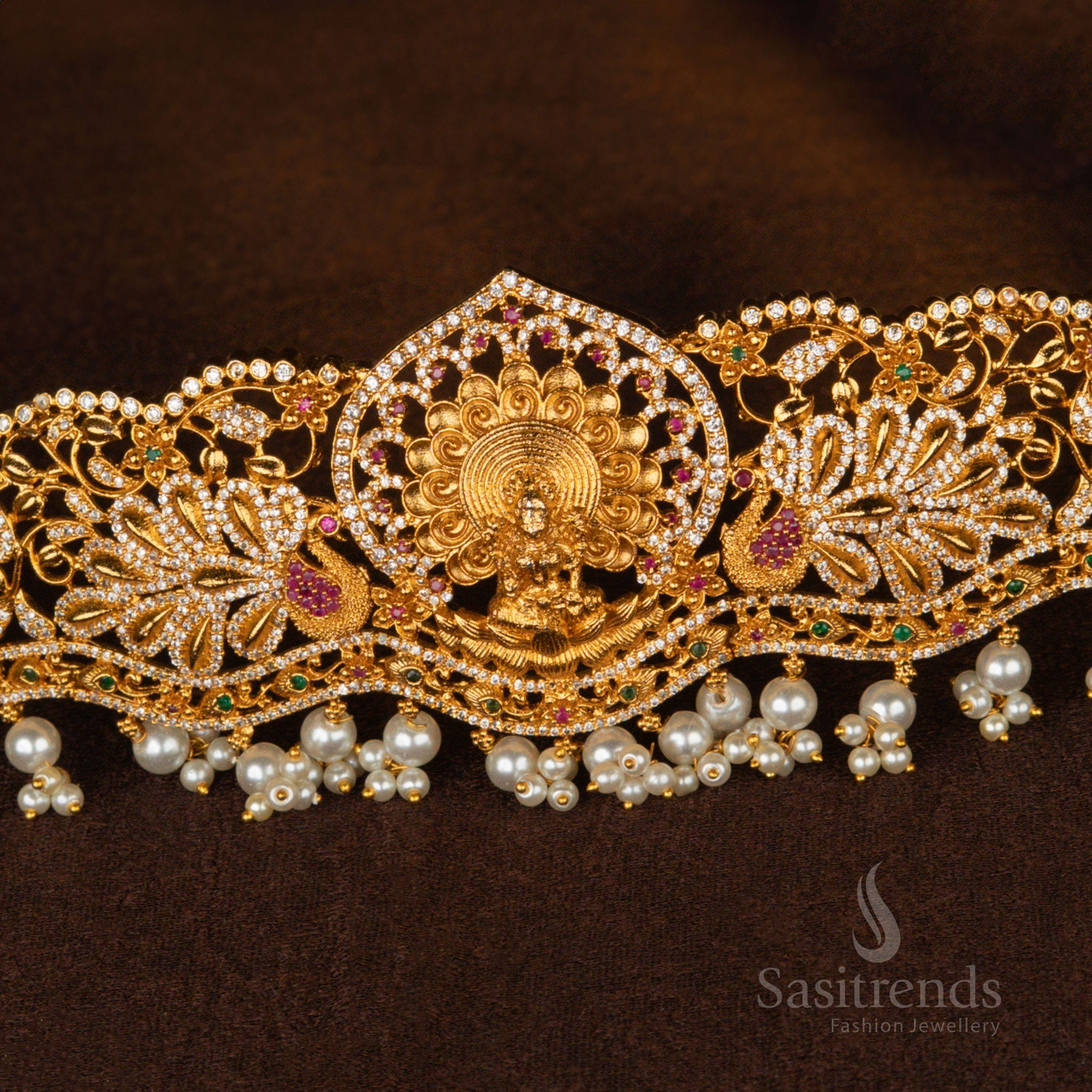 Premium Temple Matte Gold Plated Lakshmi Hip Belt with Green Agate Beads – Sasitrends