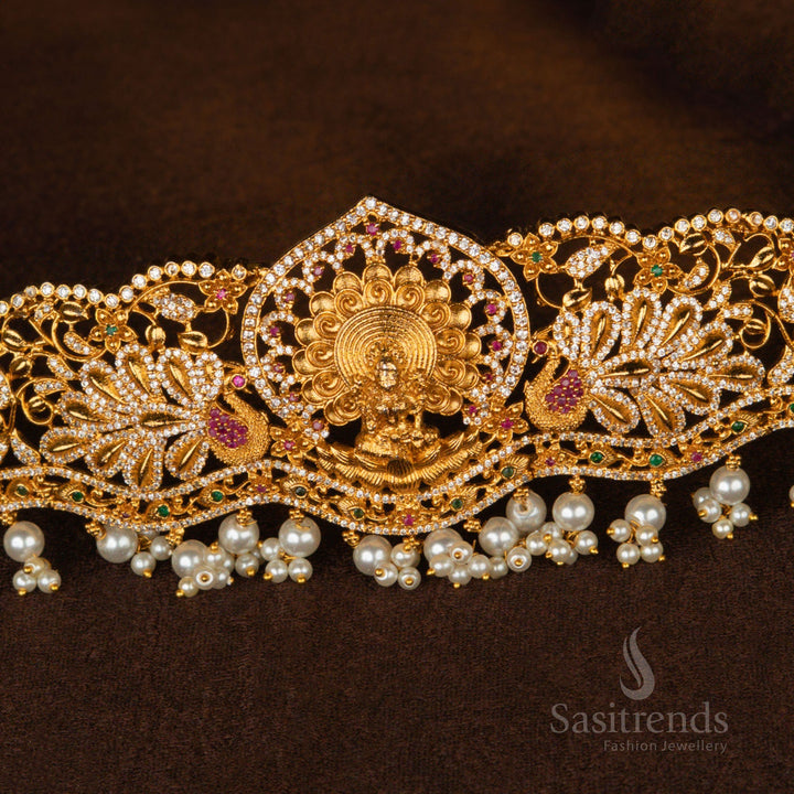 Premium Temple Matte Gold Plated Lakshmi Hip Belt with Green Agate Beads – Sasitrends