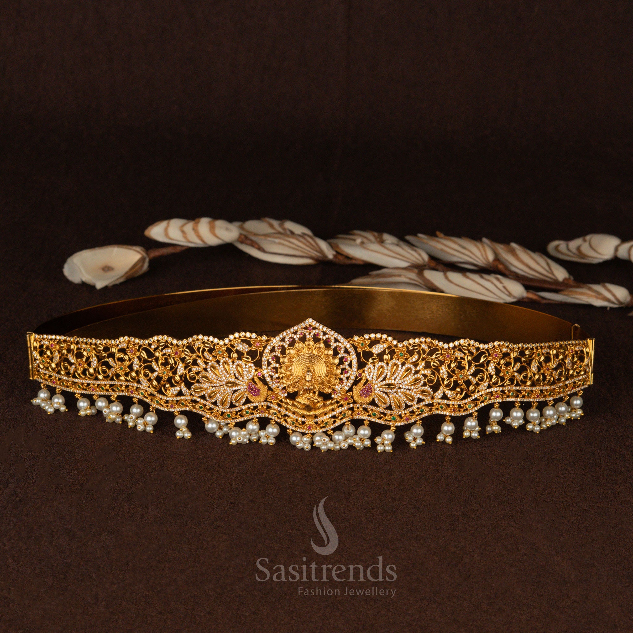 Premium Temple Matte Gold Plated Lakshmi Hip Belt with Green Agate Beads – Sasitrends
