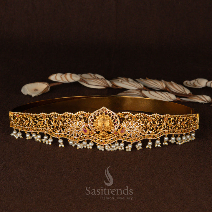Premium Temple Matte Gold Plated Lakshmi Hip Belt with Green Agate Beads – Sasitrends