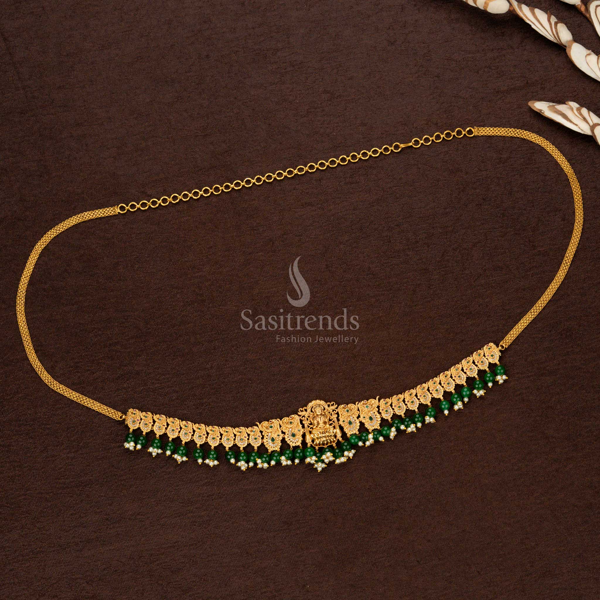 Premium Temple Matte Gold Plated Hip Belt with Lakshmi Motif | Green Agate & Pearl Drops | Traditional Wedding & Bridal Wear - Sasitrends - Sasitrends