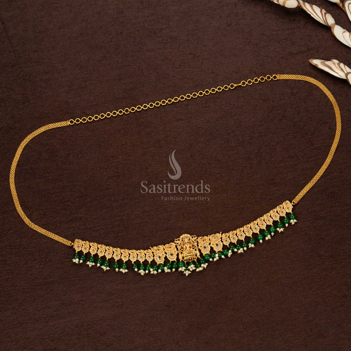 Premium Temple Matte Gold Plated Hip Belt with Lakshmi Motif | Green Agate & Pearl Drops | Traditional Wedding & Bridal Wear - Sasitrends - Sasitrends