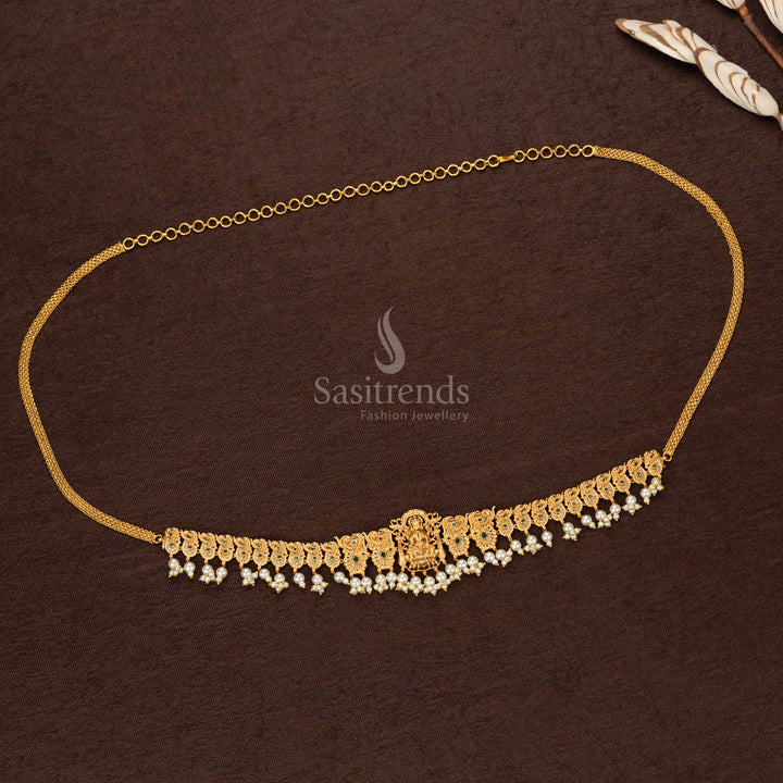 Premium Temple Matte Gold Plated Hip Belt with Lakshmi Motif | Green Agate & Pearl Drops | Traditional Wedding & Bridal Wear - Sasitrends - Sasitrends