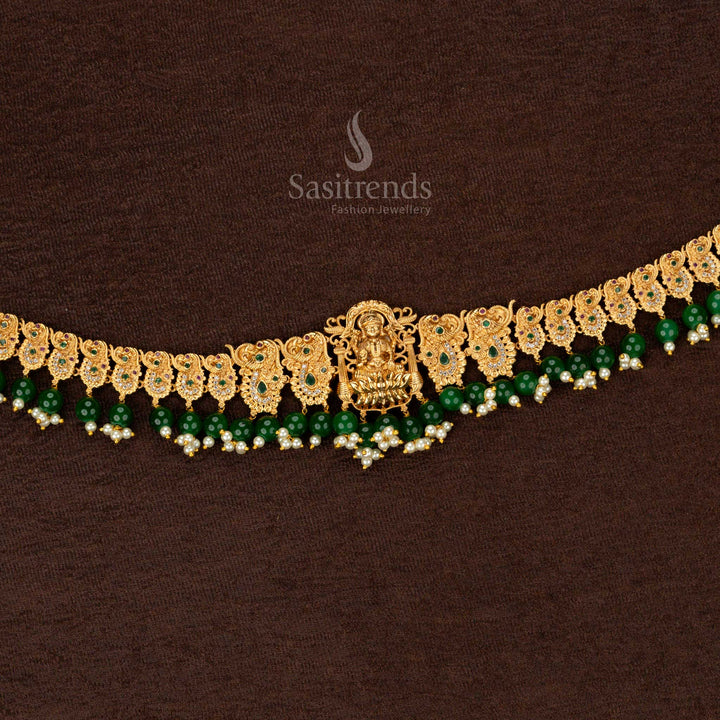 Premium Temple Matte Gold Plated Hip Belt with Lakshmi Motif | Green Agate & Pearl Drops | Traditional Wedding & Bridal Wear - Sasitrends - Sasitrends