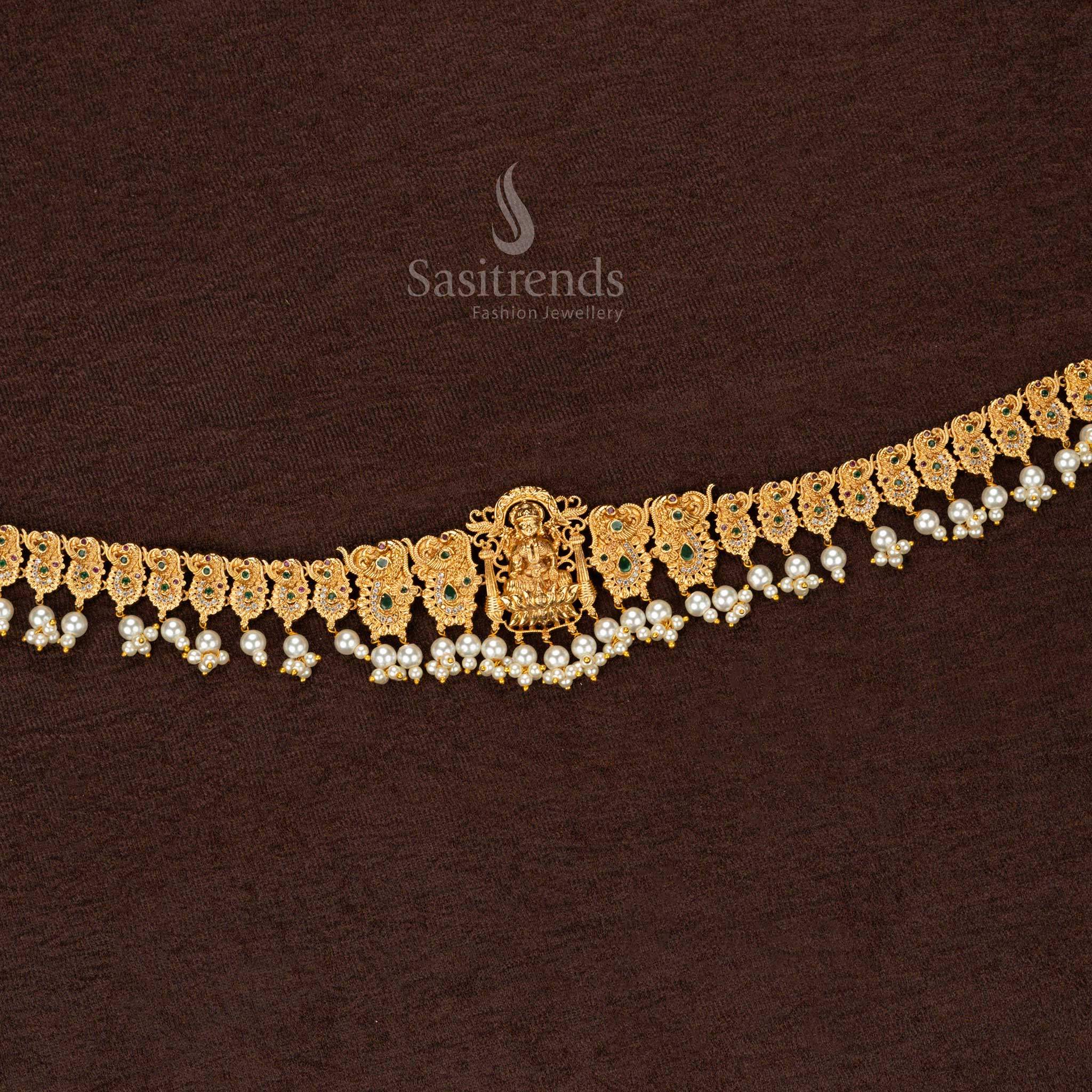 Premium Temple Matte Gold Plated Hip Belt with Lakshmi Motif | Green Agate & Pearl Drops | Traditional Wedding & Bridal Wear - Sasitrends - Sasitrends