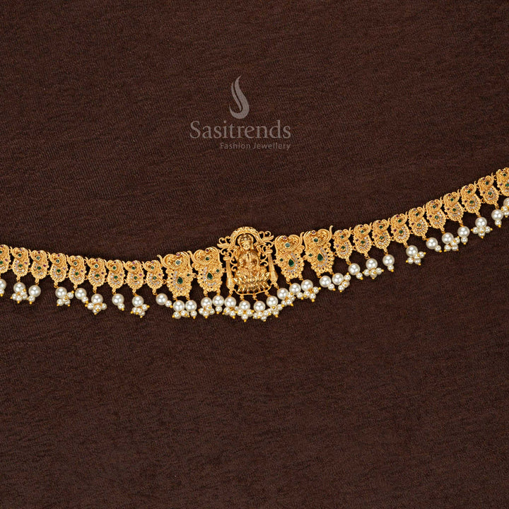 Premium Temple Matte Gold Plated Hip Belt with Lakshmi Motif | Green Agate & Pearl Drops | Traditional Wedding & Bridal Wear - Sasitrends - Sasitrends