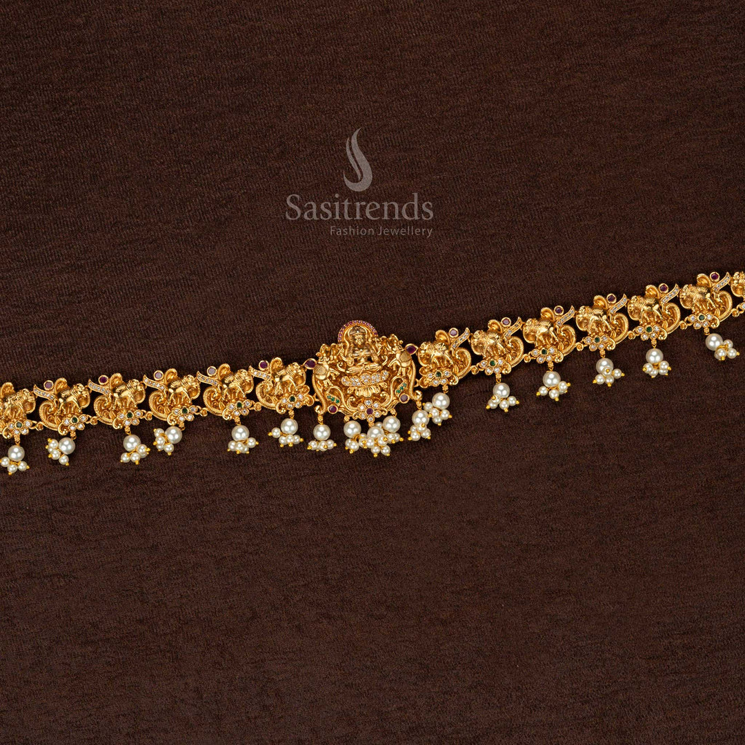 Elegant Premium Temple Matte Gold Plated Hip Belt Lakshmi Design AD Stones Pearl Drops Festive Bridal Jewellery Sasitrends