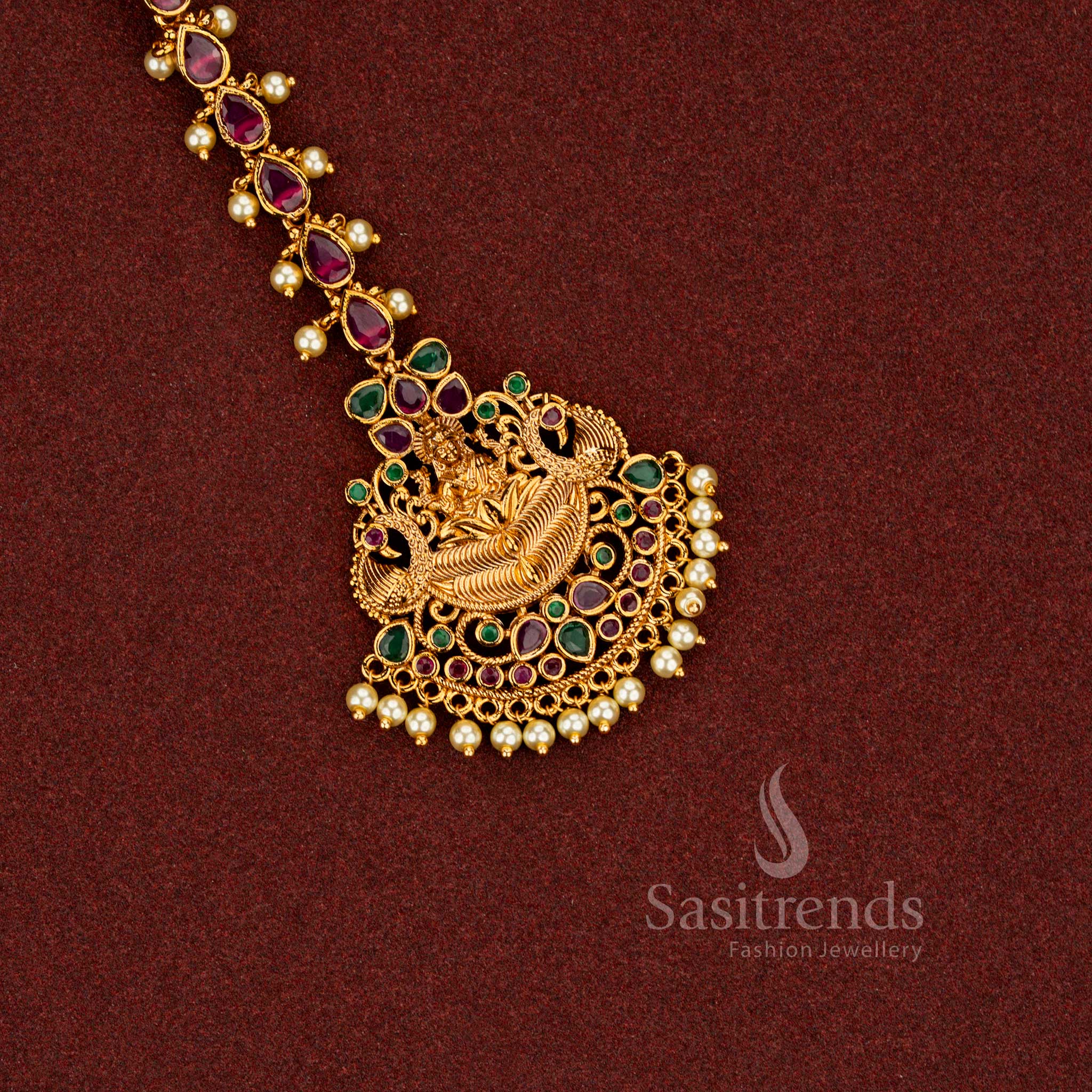 Temple Gold Bridal Maang Tikka with Chandbali Floral Motif and Ruby-Green - Sasitrends 