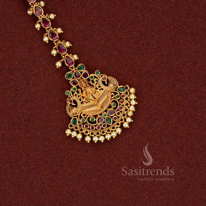 Temple Gold Bridal Maang Tikka with Chandbali Floral Motif and Ruby-Green - Sasitrends 