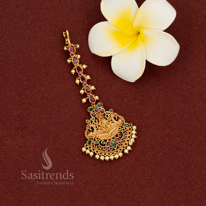 Temple Matte Gold Plated Bridal AD Stone Maang Tikka with Chandbali & Lakshmi Devi Floral Motif