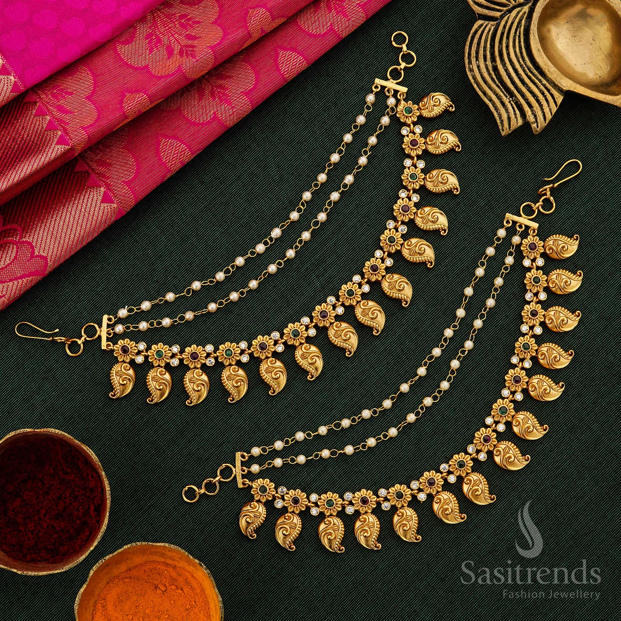 Enchanting Temple Matte Gold Tone Mango Mattal Matils Ear Chain Bridal Delight, Regal Handcrafted Jewellery Perfect For Traditional Queens And Bridal Grandeur – Sasitrends