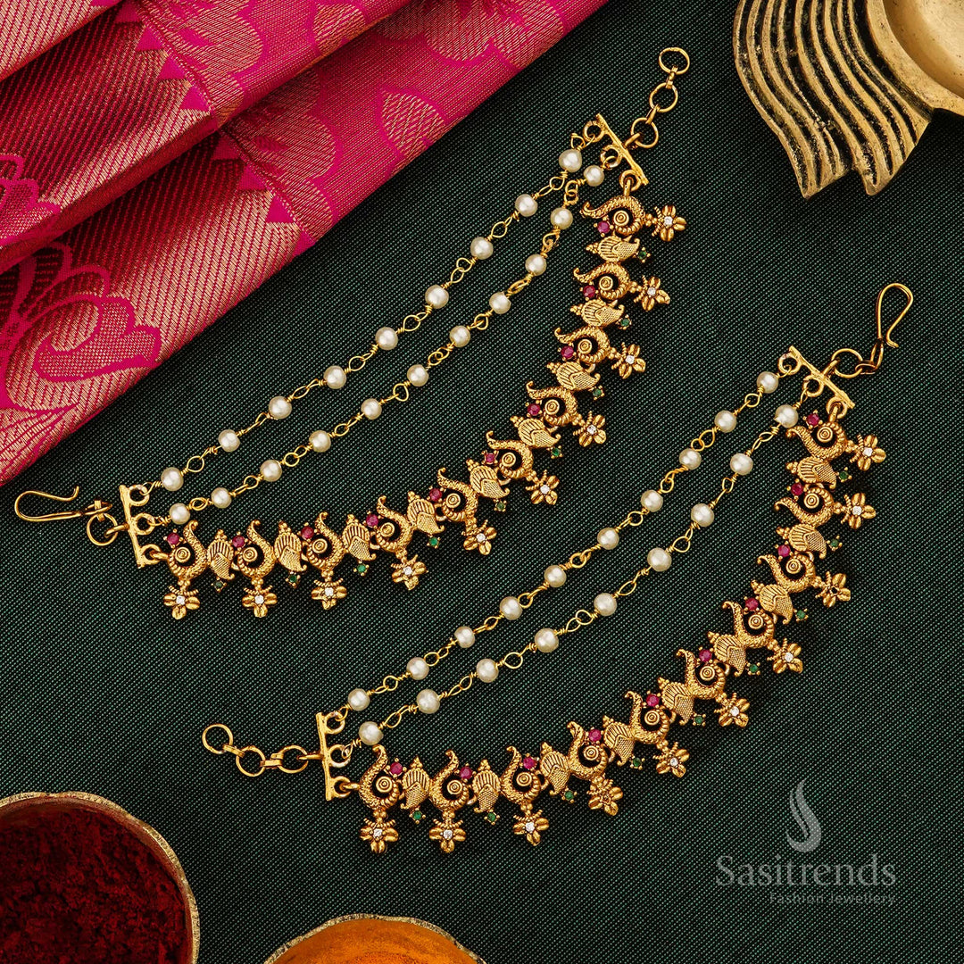 Elegant Matte Gold Peacock Mango Matils Ear Chain Mattal With A Contemporary Twist, Grand Handcrafted Jewellery Perfect For Women’s Cultural Celebrations – Sasitrends 