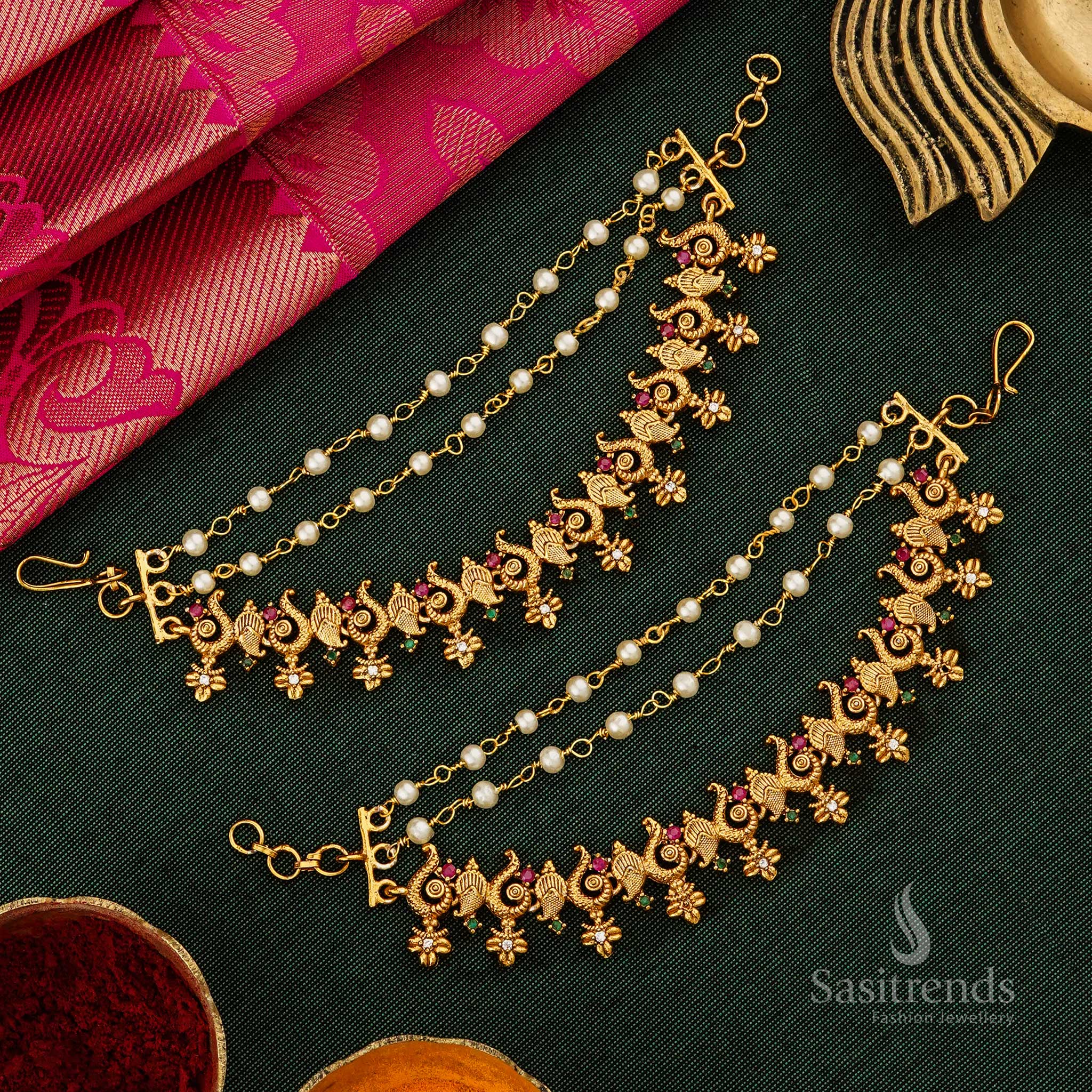 Elegant Matte Gold Peacock Mango Matils Ear Chain Mattal With A Contemporary Twist, Grand Handcrafted Jewellery Perfect For Women’s Cultural Celebrations – Sasitrends 