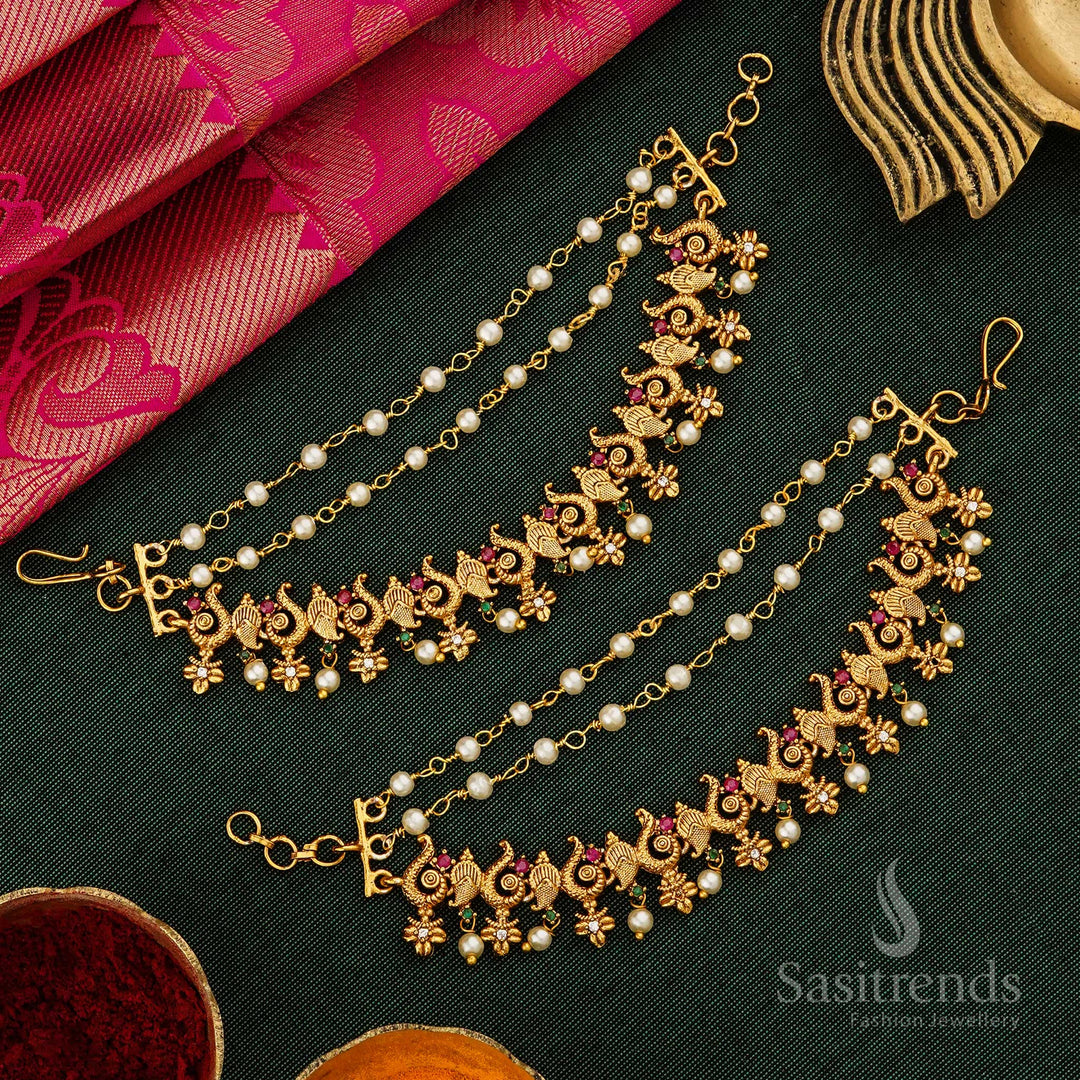 Elegant Matte Gold Peacock Mango Matils Ear Chain Mattal With A Contemporary Twist, Grand Handcrafted Jewellery Perfect For Women’s Cultural Celebrations – Sasitrends