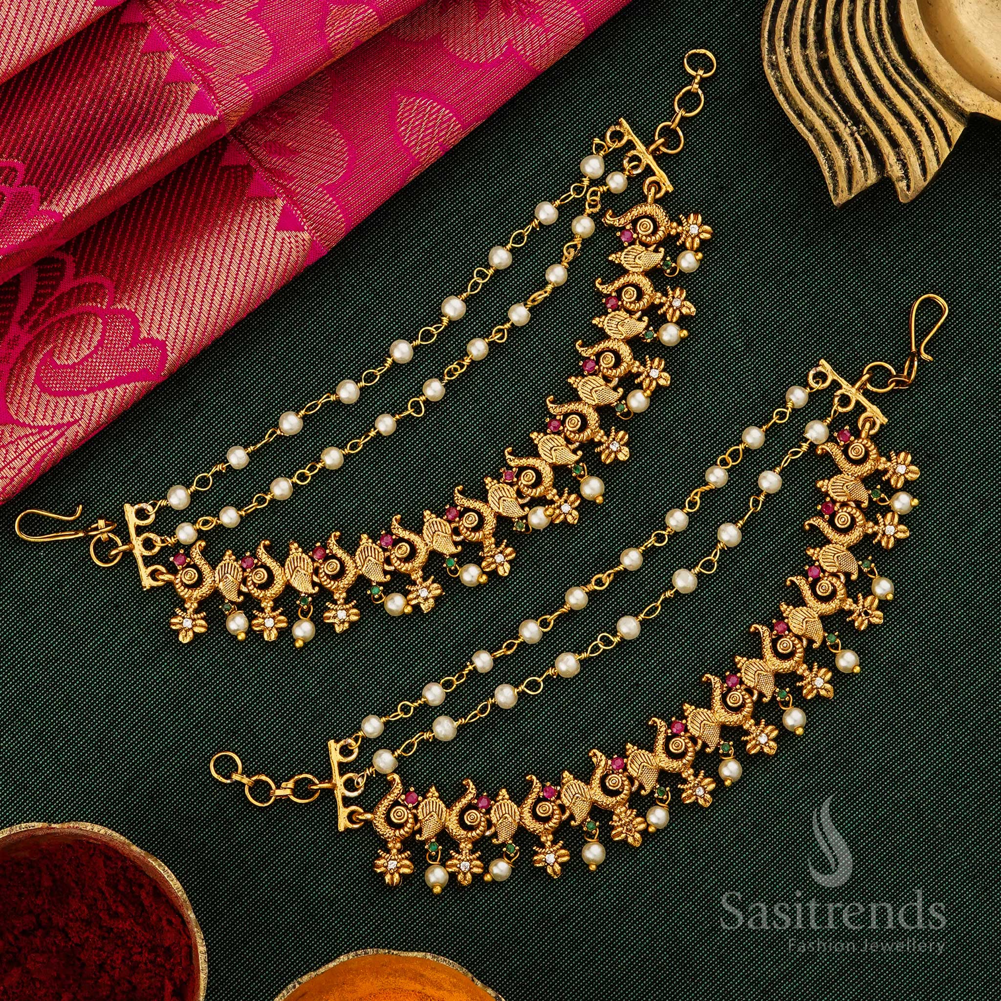 Elegant Matte Gold Peacock Mango Matils Ear Chain Mattal With A Contemporary Twist, Grand Handcrafted Jewellery Perfect For Women’s Cultural Celebrations – Sasitrends
