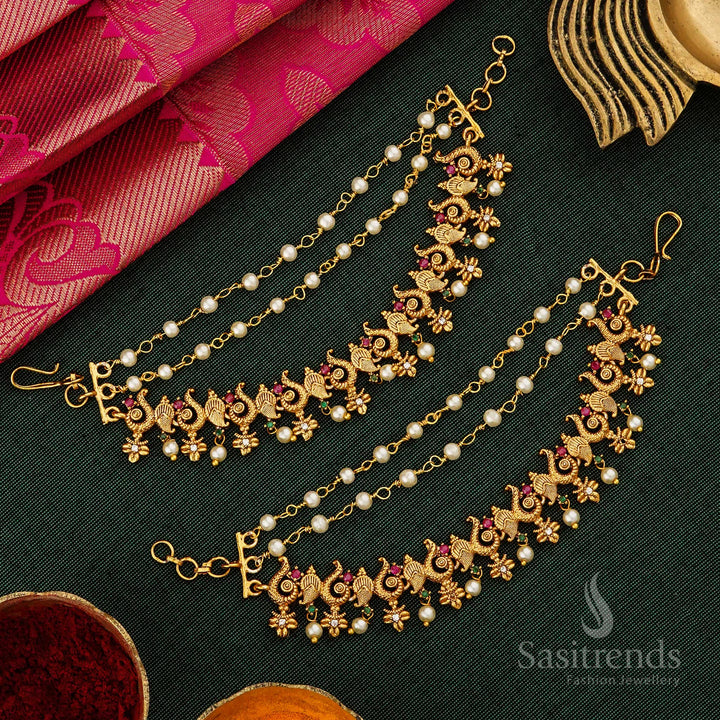 Trendy Temple Matte gold Tone Peacock Mango Matils Ear Chain Mattal with a Modern Twist | Sasitrends