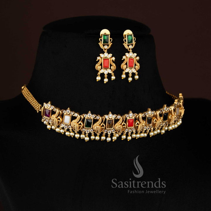 Matte gold plated peacock choker necklace, showcasing an elegant combination of deep Multi and accents and dangling pearls, ideal for festive occasions from Sasitrends