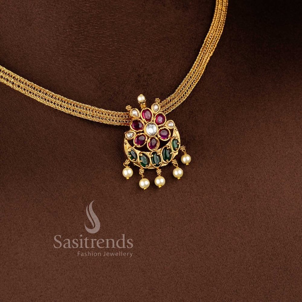 Traditional Temple Jewellery Attigai Necklace Set featuring Floral Chandbali Pendant and radiant AD stone embellishments - Sasitrends