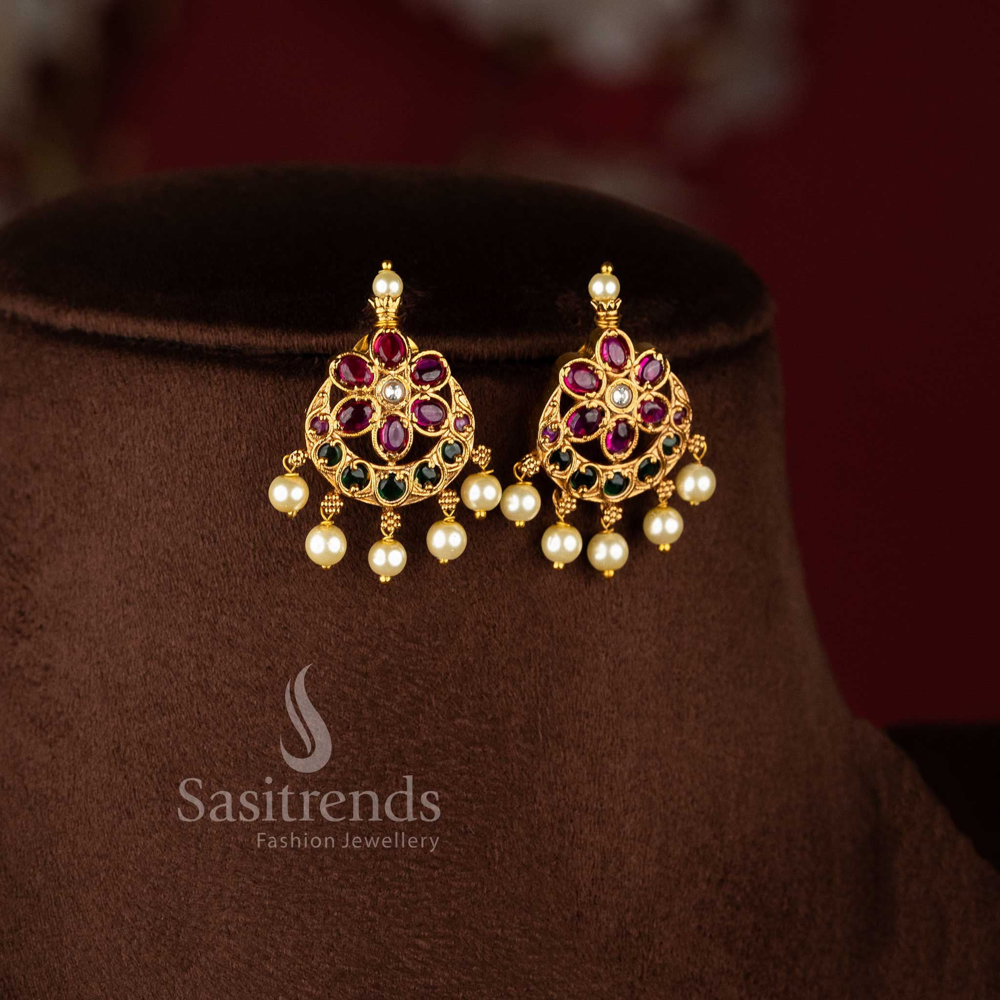 Elegant Temple Matte Gold Plated Attigai Necklace Set with Floral Chandbali Pendant and sparkling AD stones for festive and bridal wear - Sasitrends