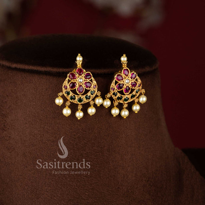 Elegant Temple Matte Gold Plated Attigai Necklace Set with Floral Chandbali Pendant and sparkling AD stones for festive and bridal wear - Sasitrends