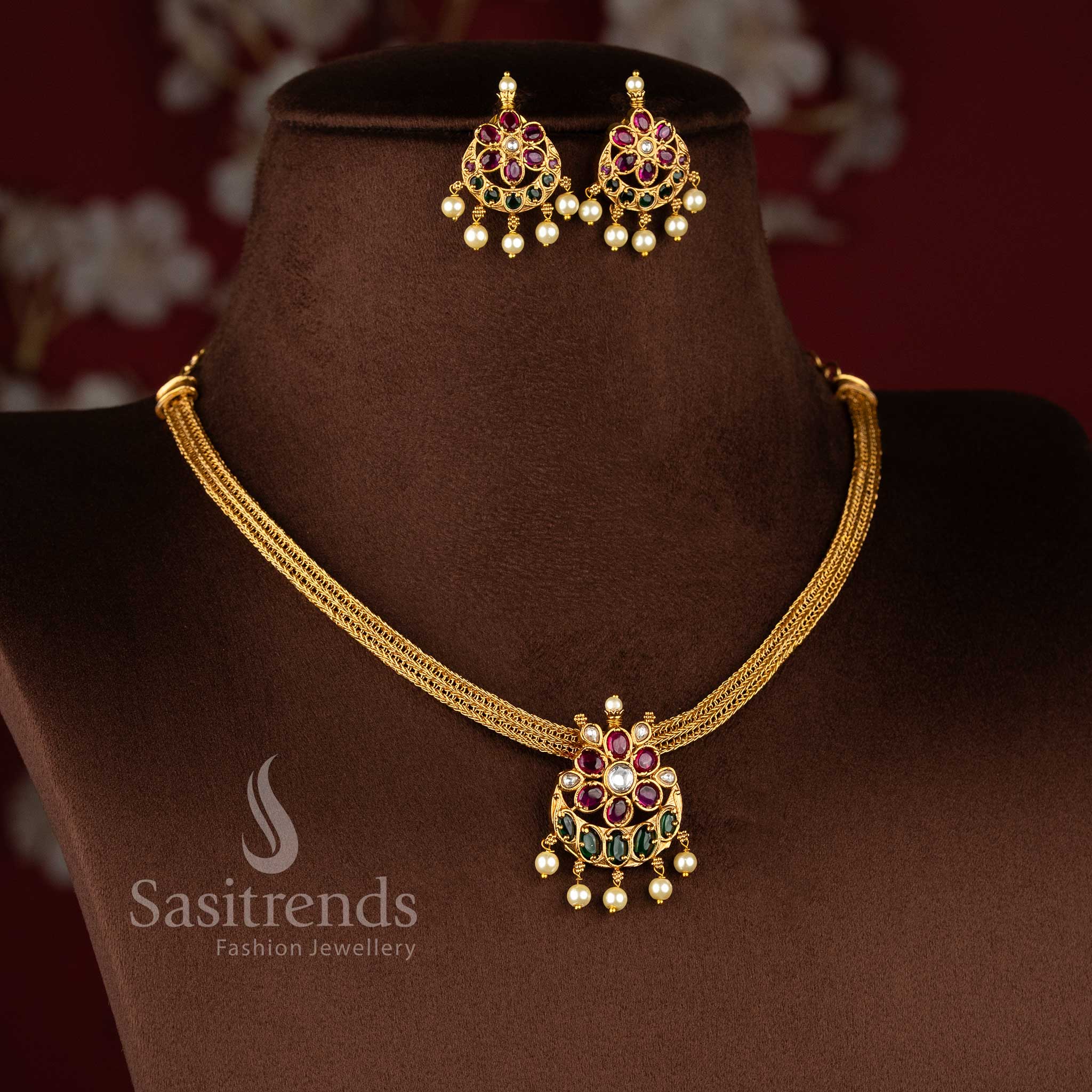 Gorgeous Temple Matte Gold Plated Floral Chandbali Pendant Attigai Necklace Jewellery Set with sparkling AD stone detailing and traditional craftsmanship - Sasitrends