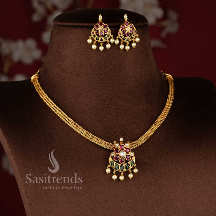 Gorgeous Temple Matte Gold Plated Floral Chandbali Pendant Attigai Necklace Jewellery Set with sparkling AD stone detailing and traditional craftsmanship - Sasitrends