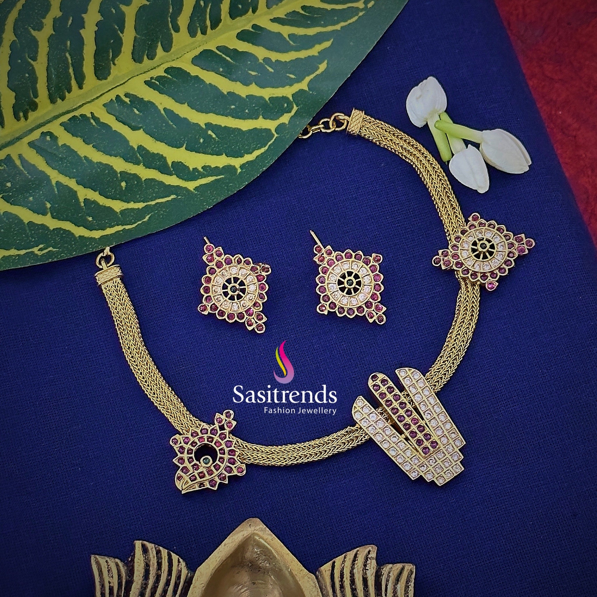 Majestic goddess-inspired neckpiece in temple matte gold plating, enriched with shining AD stones and sacred elegance for cultural celebrations and festive jewellery looks – Sasitrends