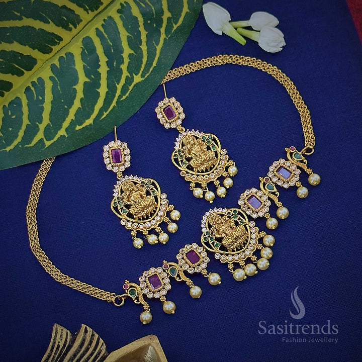 Gorgeous Temple Matte Gold Plated Lakshmi Pendant Choker Jewellery Set with AD Stones | Sasitrends