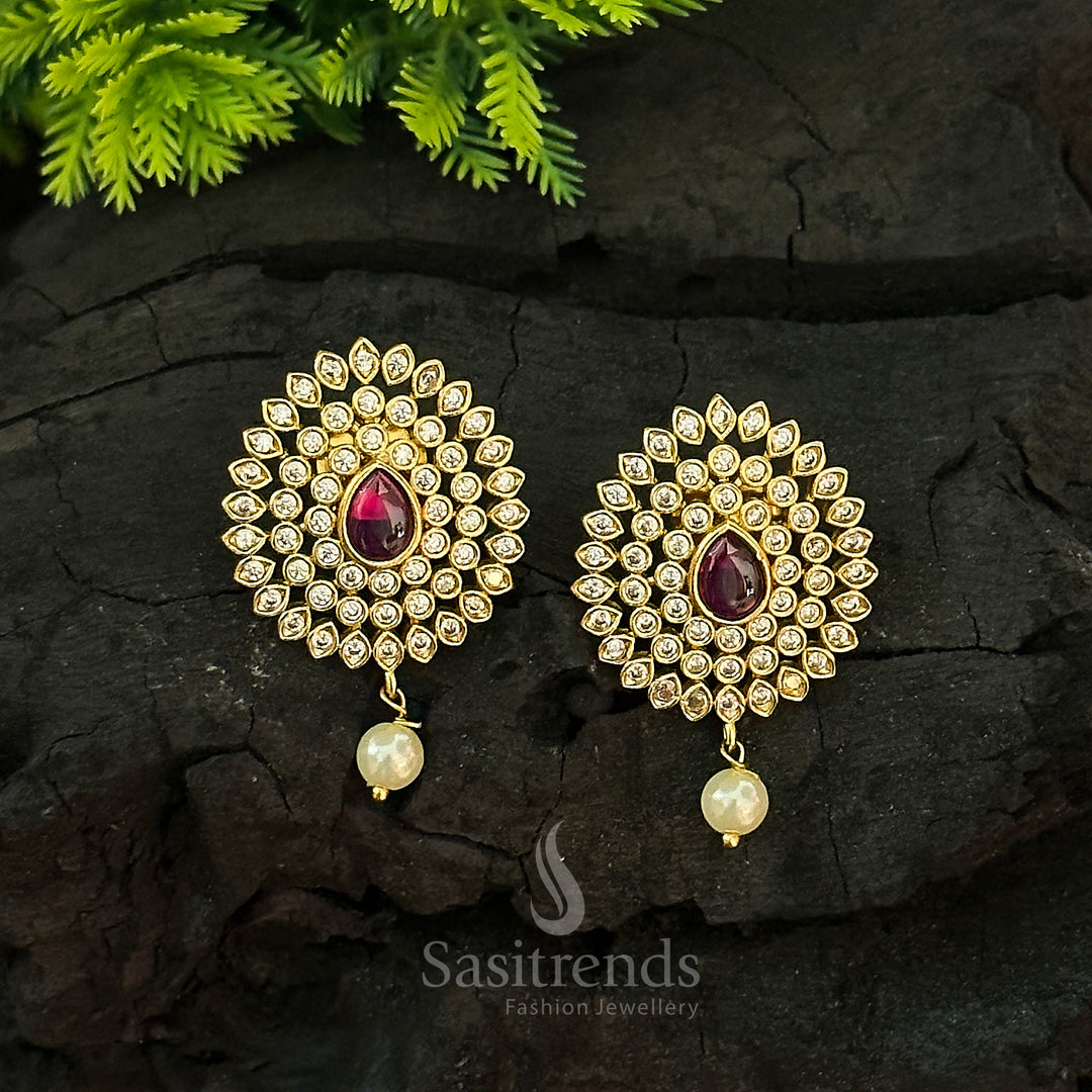 Temple matte gold plated ruby AD stone stud earrings radiating festive charm and heritage-inspired traditional jewellery style - Sasitrends
