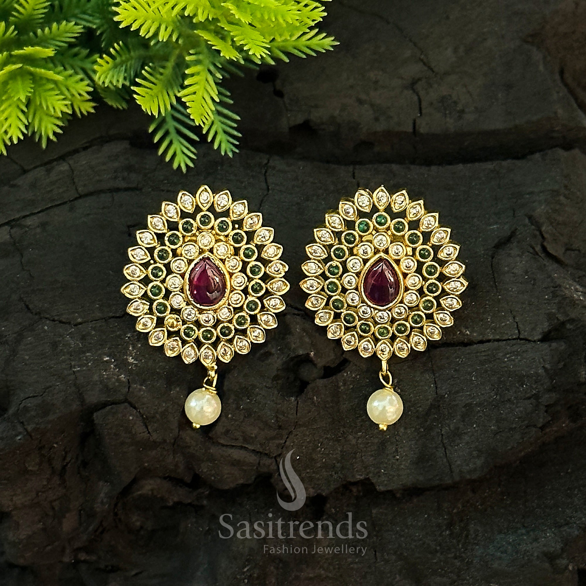 Temple matte gold plated multi-stone stud earrings with artistic floral design and captivating traditional jewellery grace for festive wear - Sasitrends