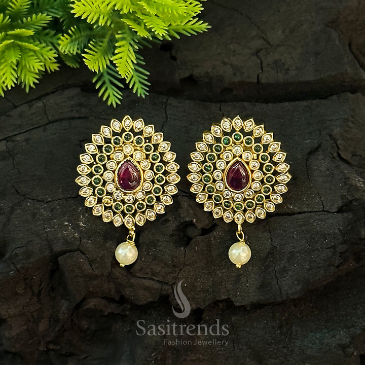 Temple matte gold plated multi-stone stud earrings with artistic floral design and captivating traditional jewellery grace for festive wear - Sasitrends