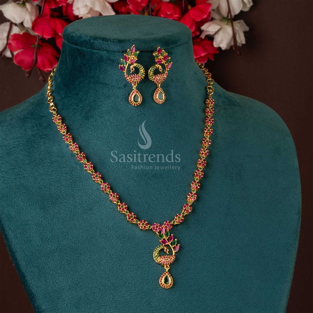 Traditional peacock feather jewellery set with ruby-green stones, gold plating, and bridal perfection, ideal for festive luxury wear - Sasitrends