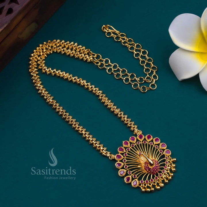 Exquisite micro gold plated Gajiri necklace with deep ruby stones and intricate peacock centre, highlighted by shining American diamonds – Sasitrends