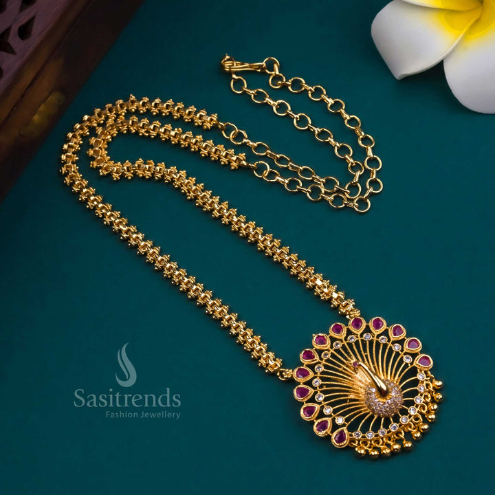 Radiant WHITE-ruby Gajiri necklace enriched with a peacock pendant and shimmering AD detailing – designed for grand festive and bridal occasions – Sasitrends