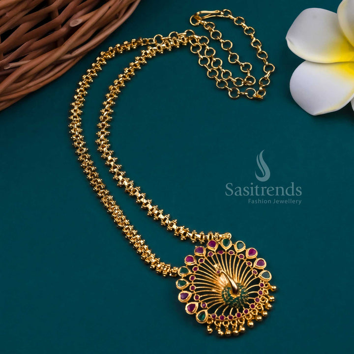 Vibrant ruby-green combination necklace with striking peacock detailing and micro gold finish, elevated by dazzling AD embellishments – Sasitrends