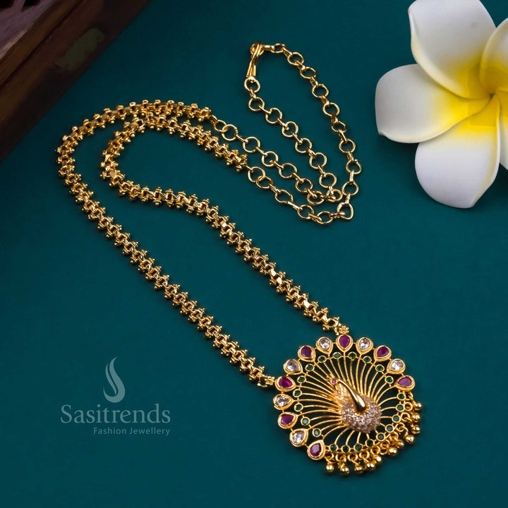 Multicolour Gajiri necklace with traditional peacock centre and sparkling American diamonds – perfect for Navratri and cultural celebrations – Sasitrends